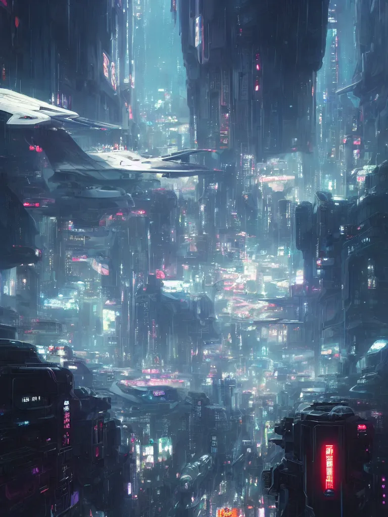 Prompt: Beautiful Epic scene of a beautiful gigantic futuristic military spacecraft carrier above a futuristic Tokyo style military city, by Greg Rutkowski and Krenz Cushart and Pan_Ren_Wei and Hongkun_st and Bo Chen and Enze Fu and WLOP and Alex Chow, Madhouse Inc., anime style, crepuscular rays, set in rainy futuristic cyberpunk Tokyo street, dapped light, dark fantasy, cgsociety, trending on artstation