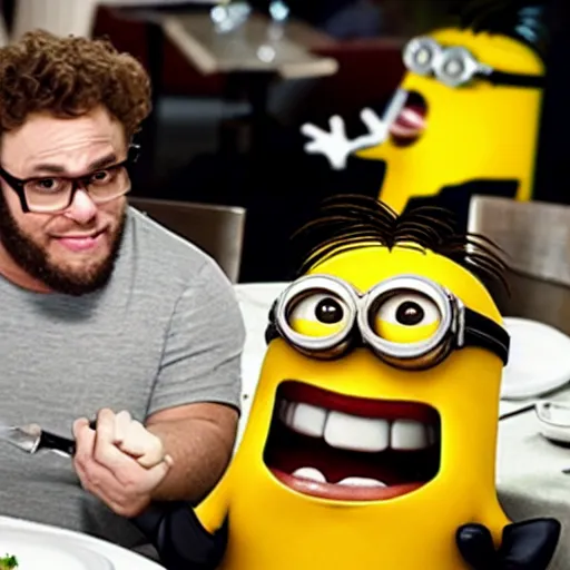 Prompt: seth rogan holding a fork and knife, about to eat a minion that is on the plate in front of him, seated in a restaurant