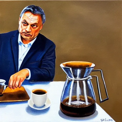 Prompt: viktor orban making v 6 0 coffee, oil painting