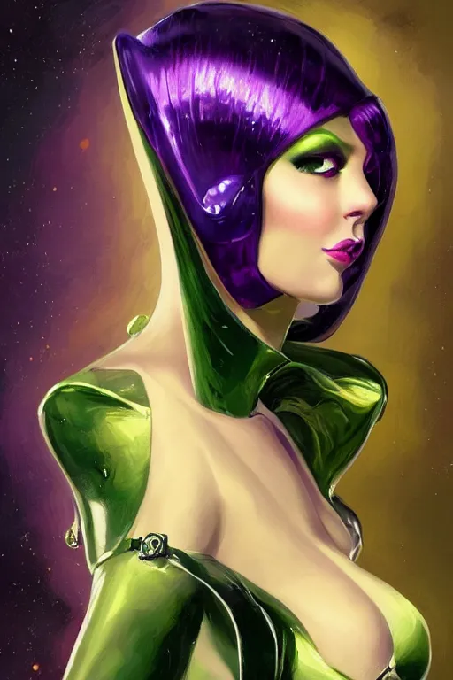 Image similar to portrait, headshot, digital painting, of beautiful lady alien extraterrestrial merchant, purple hair, amber jewels, dark green satin spacesuit, baroque, ornate clothing, scifi, futuristic, realistic, hyperdetailed, chiaroscuro, concept art, art by gil elvgren and basil gogos