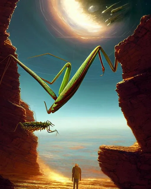 Prompt: a giant praying mantis in space eats planet, photo realistic, epic composition, epic light, high details by greg rutkowski and mark marc simonetti