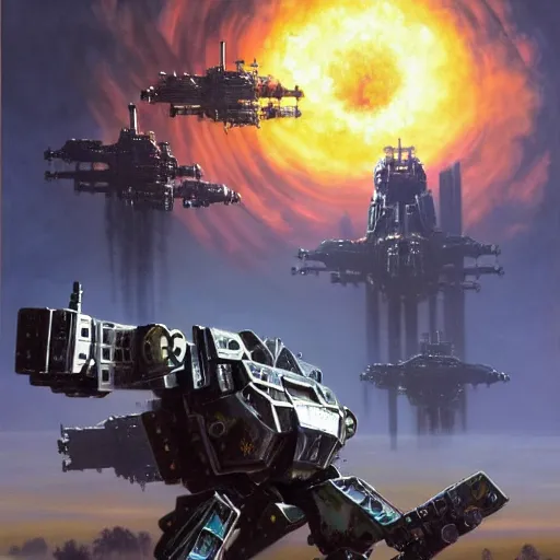 Prompt: an epic scene of an Atlas battlemech punching a Timberwolf Madcat Battlemech in the scottish plains as a futuristic city smolders in the distance, action scene, illustration, soft lighting, very detailed, painting oil on canvas by Jim Burns by Carl Gustav by Robert McCall, trending on artstation, 4k, 8k, HD