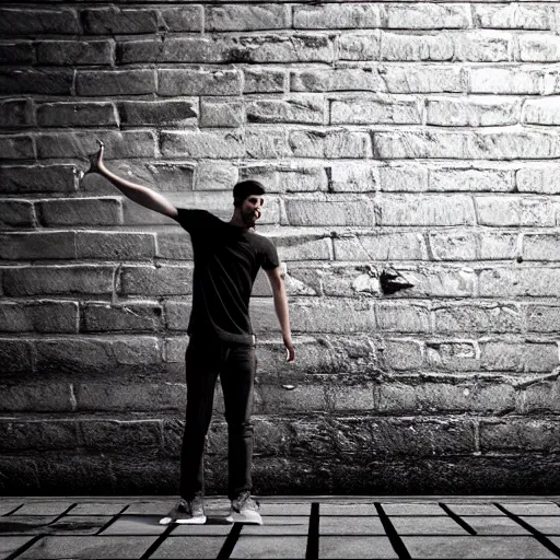 Image similar to incredible cinematic image of young angry man trying to fight his own shadow at the white brick wall, studio shot, dynamic lighting, high definition, highly detailed, photo-realistic, unreal engine render, 16k