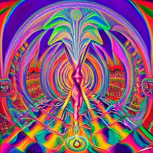 Image similar to a psychedelic painting of a dmt trip by alex grey, hyperrealistic, finely detailed, dramatic lighting, octane, unreal engine