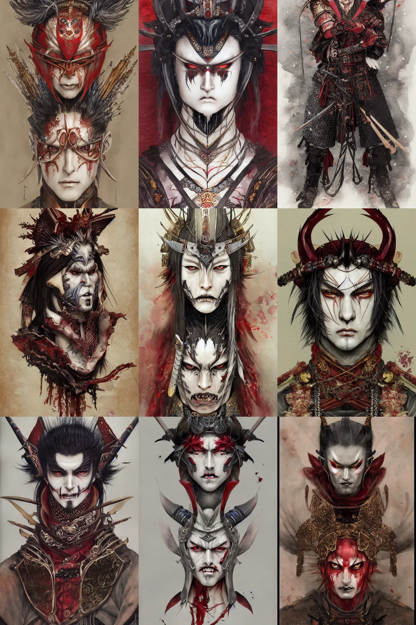 Prompt: watercolor painting of a male japanese bjd samurai warrior vampire magus in the style of dark - fantasy painted by yoshitaka amano, tom bagshaw, ayami kojima, dmt art, symmetrical vogue face portrait, intricate detail, artstation, cgsociety, artgerm, rococo, red, bronze