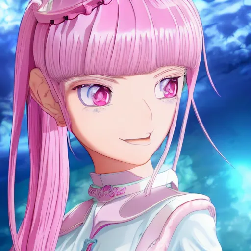 Image similar to viewed from frog's perspective, stunningly beautiful omnipotent megalomaniacal anime goddess with porcelain skin, pink twintail hair and mesmerizing cyan eyes, symmetrical perfect face smiling in a mischievous, devious and haughty way while looking down upon the viewer, mid view, hyperdetailed, 2 d, 8 k