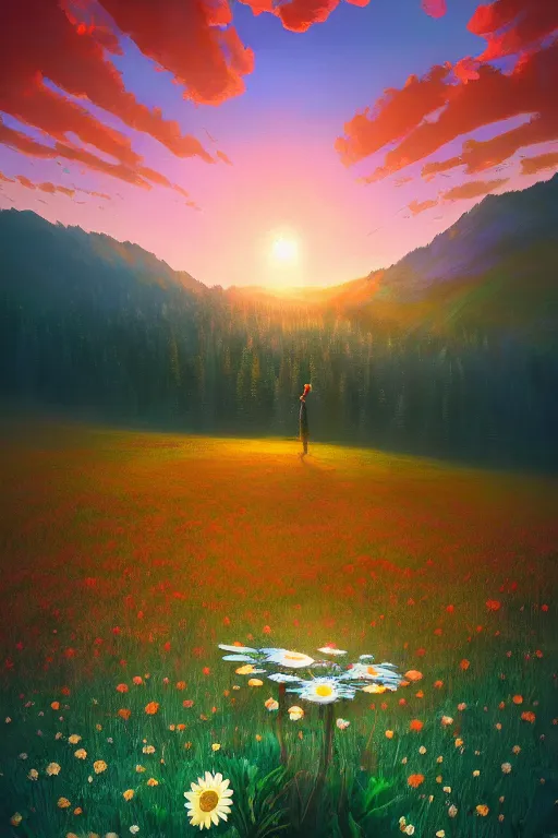 Image similar to giant daisy flower head, in the mountains, surreal photography, sunrise, dramatic light, impressionist painting, colorful clouds, digital painting, artstation, simon stalenhag