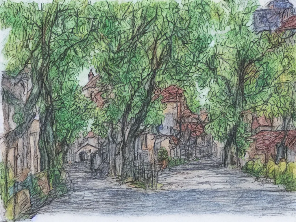 Prompt: a street in a old small village, some foliage, color pencils and watercolor, detailed