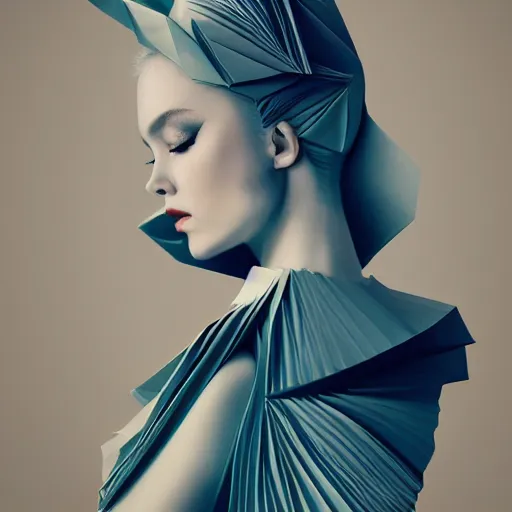 Image similar to 3 / 4 view of a beautiful girl wearing an origami dress, eye - level medium shot, elegant, by eiko ishioka, givenchy, by peter mohrbacher, centered, fresh colors, dance, origami, fashion, detailed illustration, vogue, high depth of field, japanese, reallusion character creator