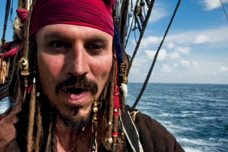 Image similar to closeup movie pirate on a pirate ship, by emmanuel lubezki