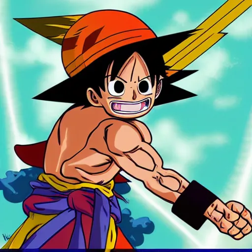 Prompt: “ ruffy from one piece fighting against son goku from dragon ball z, digital art ”