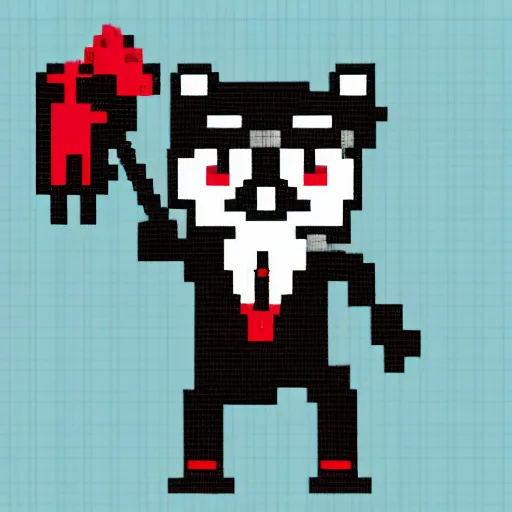 Prompt: a raccoon wearing formal clothes, wearing a top hat and holding a cane. the raccoon is holding a garbage bag. pixel art