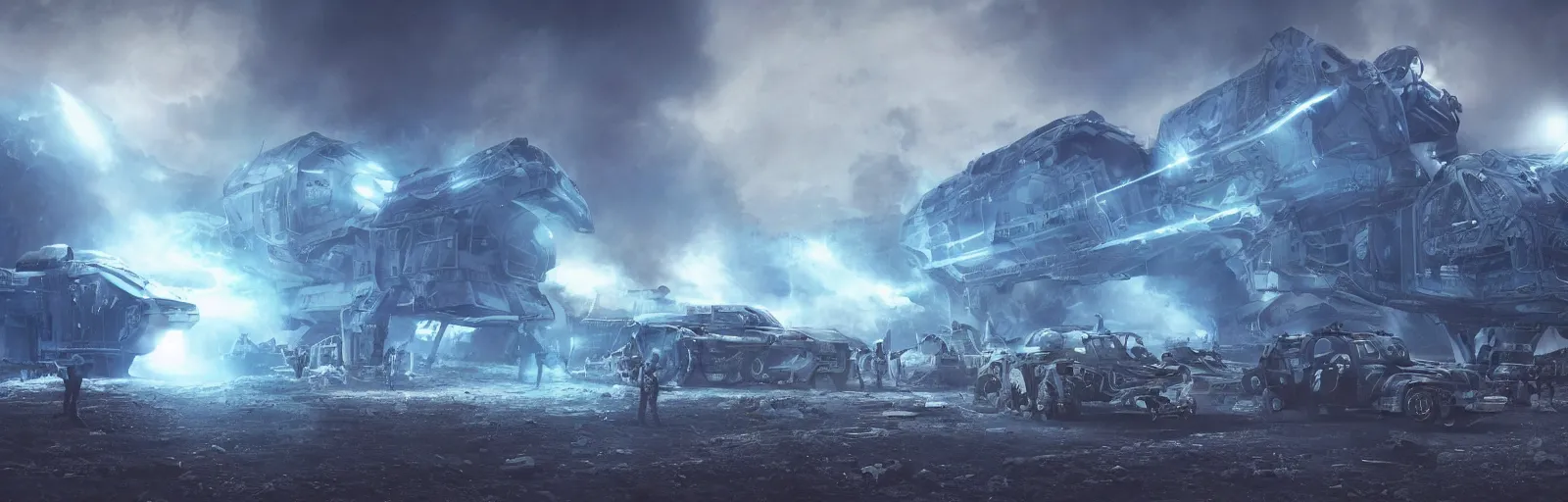 Prompt: project blue beam fake alien invasion, alien space ships, military vehicles, apocalyptic scene, destroyed buildings, search lights, fire, digital art, intricate details, trending on artstation, artgerm, smoke, lasers, light streaks, octane render