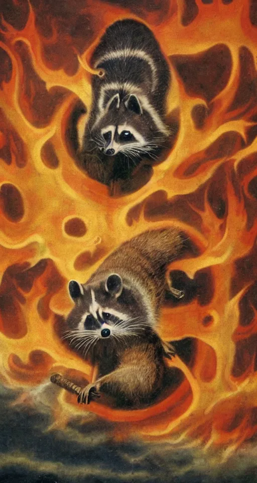 Image similar to surrealistic fresco of a god raccoon on a cloud, hovering over a lake of fire, apocalyptic scenario