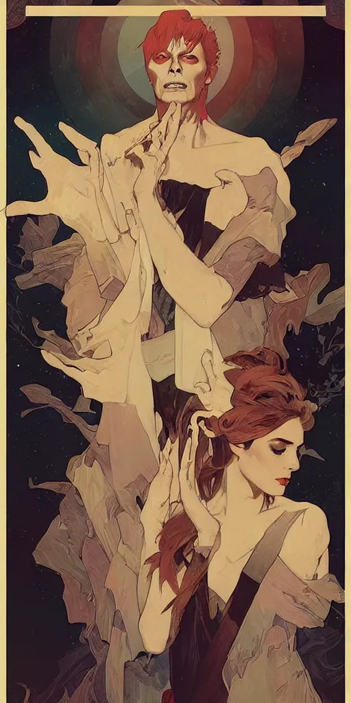 Image similar to Poster artwork, David Bowie, medium shot, details, sharp focus, illustration, by Jordan Grimmer and Alphonse Mucha and greg rutkowski and PiNe (パイネ) and 薯子 Imoko and 香川悠作 and maya takamura, intricate, beautiful, Trending on artstation, pixiv, digital Art