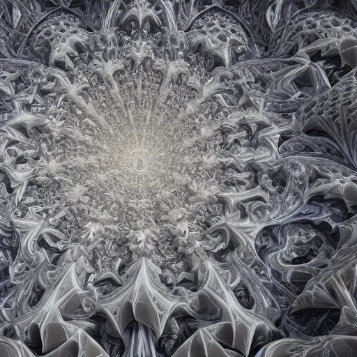 Prompt: a beautiful octane render of a massive sprawling fractal cathedral exterior populated by mandelbrot fractals, unreal engine, carved soap, white, volumetric lighting, hyperrealistic, sharp, glowing, carved marble, opalescent, carved stone, depth of field, sacred geometry, religious, angelic, catholicpunk, photorealism, 8 k, ultra detailed