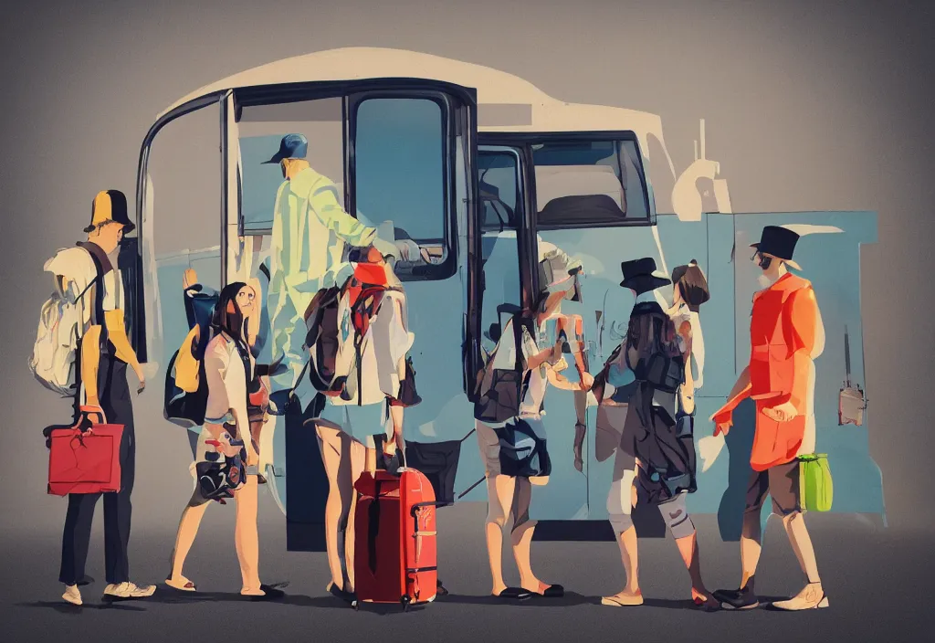 Prompt: full body portrait of a trio of european tourists getting off a tour bus for sightseeing, character designs painting, in the style of wes anderson, jules julien, lola dupre, isolated on white background, dark monochrome neon spraypaint accents volumetric octane render