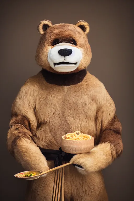 Prompt: anthropomorphic edo period japanese bear, eating ramen, fursuit, cosplay, trending on instagram, photography, sigma 8 5 mm f / 1. 4, studio lighting