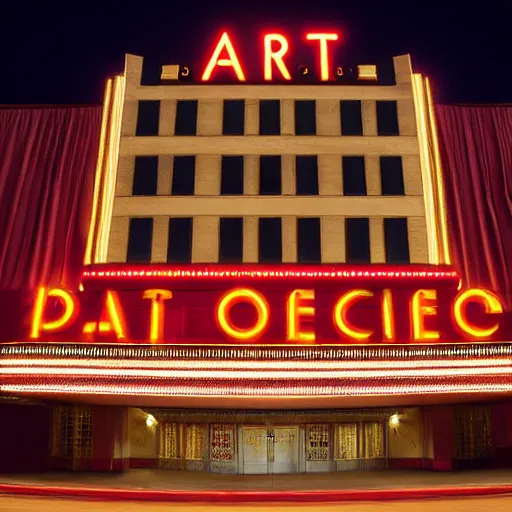 Image similar to art deco movie theater palace at night, dramatic light