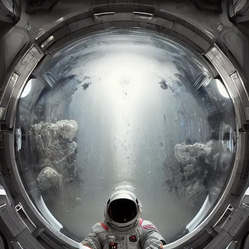 Prompt: concept art by craig mullins astronaut in futuristic dark and empty spaceship. infrared complex and hyperdetailed technical suit design. mandelbulb fractal. reflection and dispersion materials rays and dispersion of light breaking through the deep water. 5 0 mm, f / 3 2. noise film photo. flash photography. unreal engine 4, octane render.