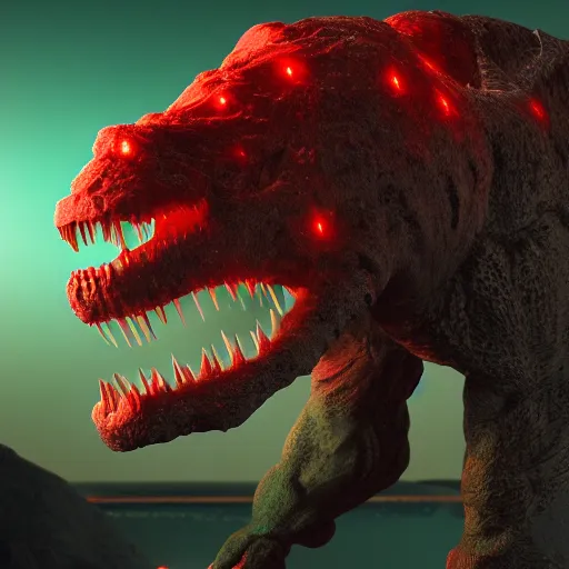 Prompt: A nuclear tyrannosaurus with glowing red eyes, bioluminescence, volumetric lighting, 8k, octane render, trending on ArtStation