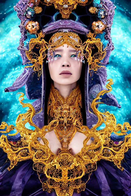 Image similar to a beautiful empress portrait, with a brilliant, impossible striking big cosmic galaxy headpiece, clothes entirely made out of cosmos chaos energy, symmetrical, dramatic studio lighting, rococo, baroque, jewels, asian, hyperrealism, closeup, D&D, fantasy, intricate, elegant, highly detailed, digital painting, artstation, octane render, 8k, concept art, matte, sharp focus, illustration, art by Artgerm and Greg Rutkowski and Alphonse Mucha