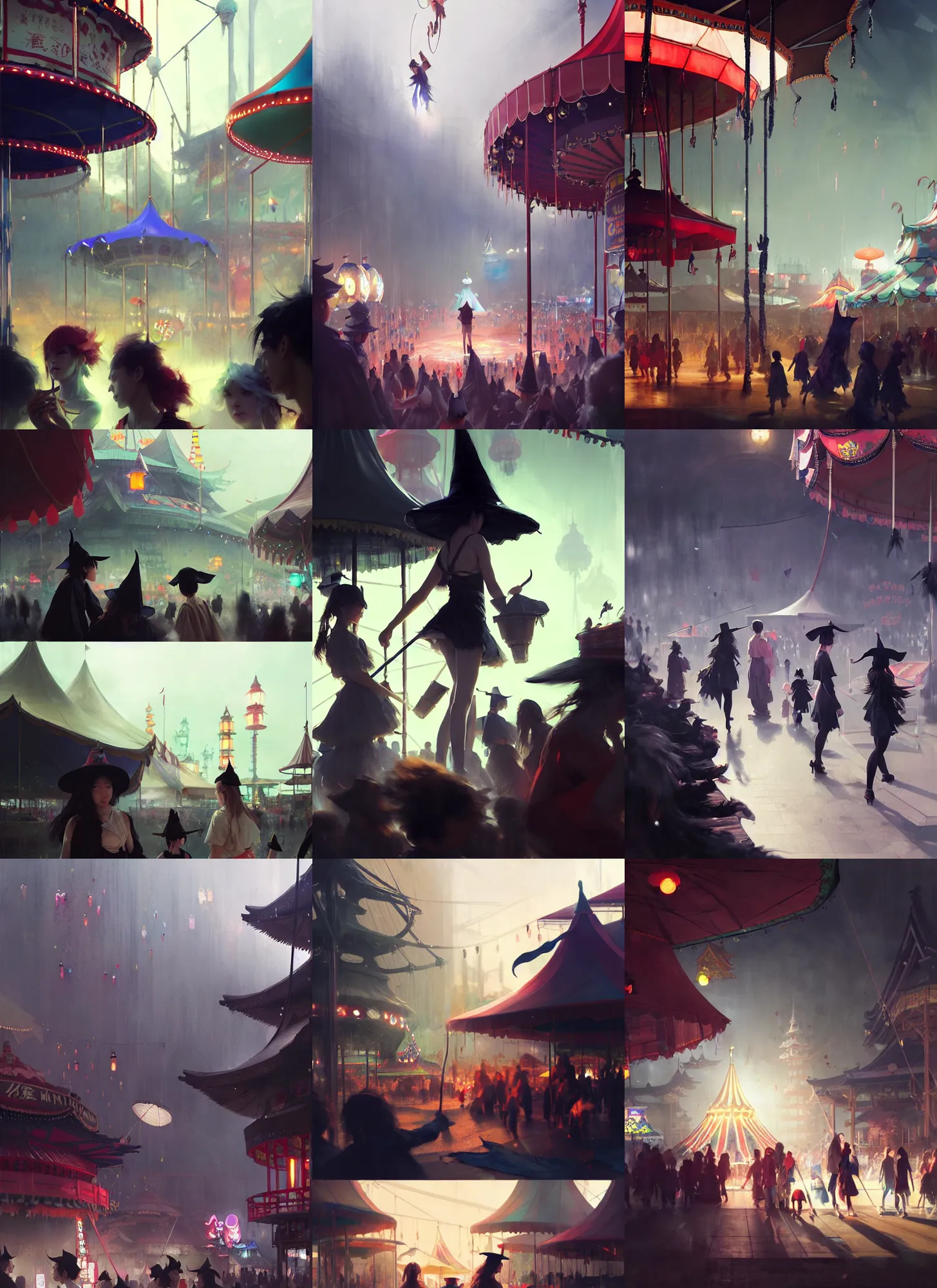 Image similar to close - up of student witches exploring and patrolling around a small carnival amusement, food stalls, big top circus tent, roaming entertainers, flashing lights, highly detailed, magical, japan mountains, digital painting, concept art, matte, art by ruan jia and wlop and greg rutkowski and makoto shinkai, masterpiece