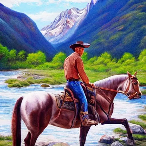 Prompt: hyper realistic painting in realism style of a cowboy on a horse crossing a river with mountains in the background