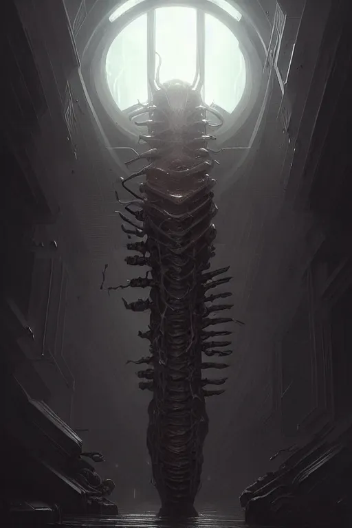 Prompt: professional concept art portrait of a ominous floating robotic terrifying!! species thing in a dark room by artgerm and greg rutkowski. an intricate, elegant, highly detailed digital painting, concept art, smooth, sharp focus, illustration, in the style of cam sykes.