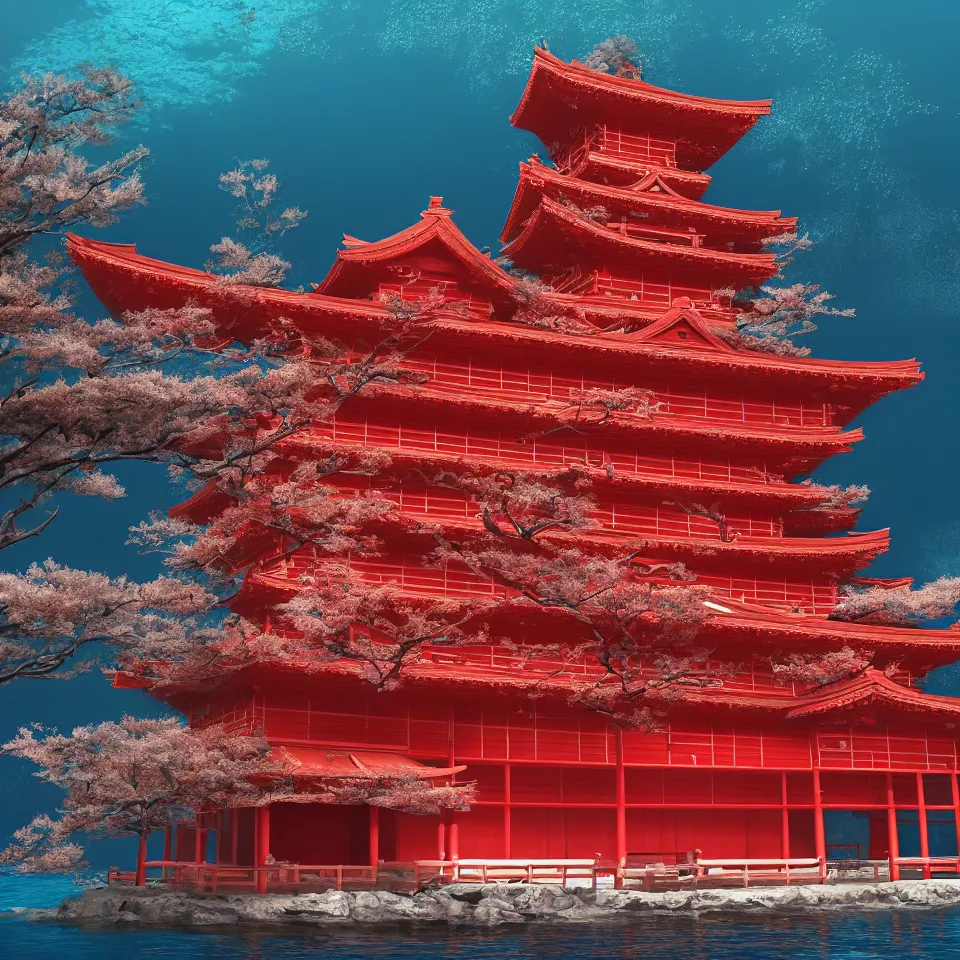 Image similar to A red ancient Japanese architectural building under the sea, 8k, very high detailed, cinematic, octane render, intricate