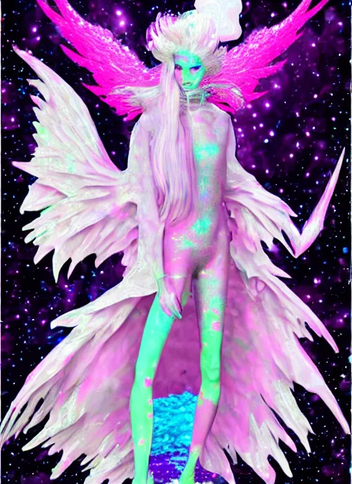 Prompt: a suited angel spirit being, covered with pastel glitter glue slime, fashion model pose, full body maximalist cosmic eldritch character design, early computer graphics