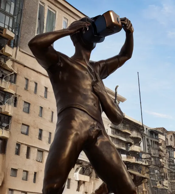 Image similar to a 4 k photorealistic photo medium shot of a bronze statue of a man wearing a vr headset.