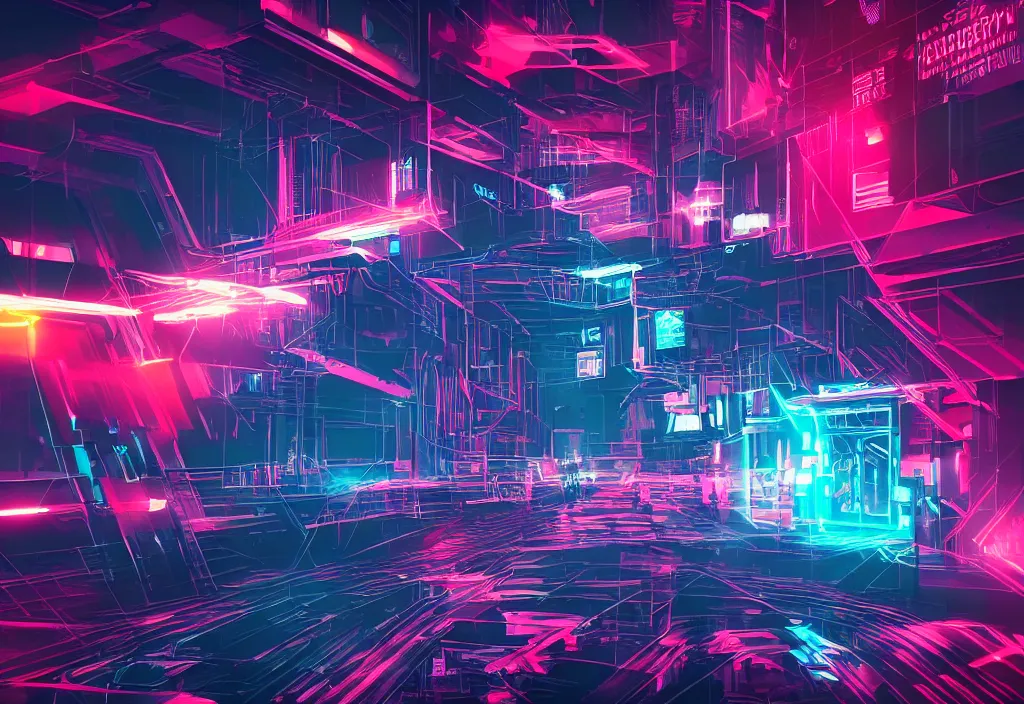 Prompt: cyber security polygon lighting sharp focus in cyberpunk aesthetic digital painting neon