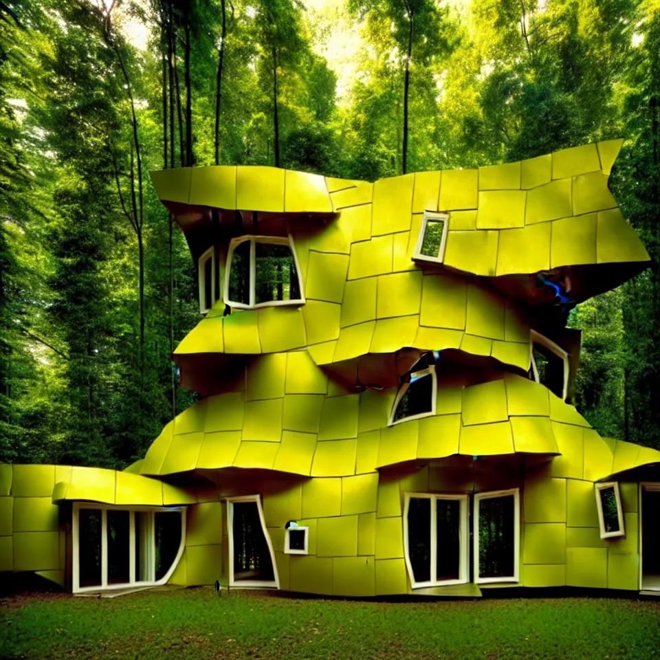 Prompt: a small flat house with big tiles in a forest, designed by Frank Gehry. Film grain, cinematic, yellow hue