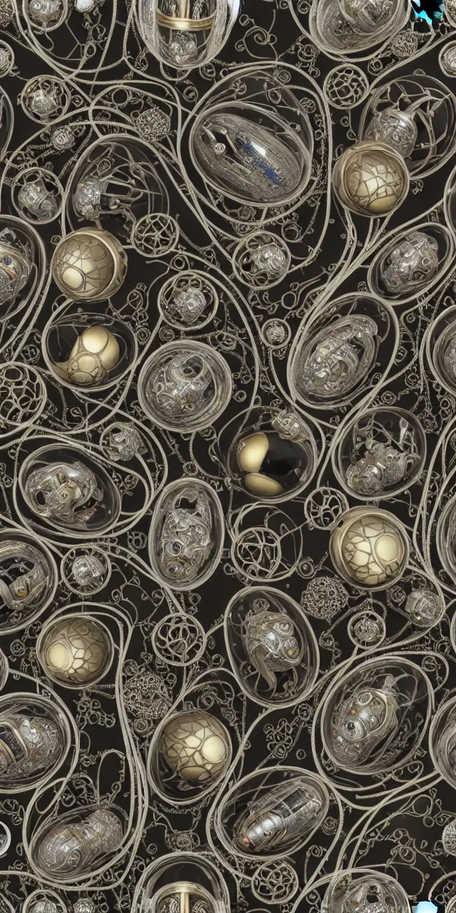 Prompt: seamless pattern of beautiful cybernetic biomechanical faberge eggs and cables arranged in a damask pattern + clear glass exoskeleton, inside organic robotic tubes and parts, black background, glass helmets and dove wings, symmetrical composition + intricate details, hyperrealism, wet, reflections + by alfonse mucha, no blur