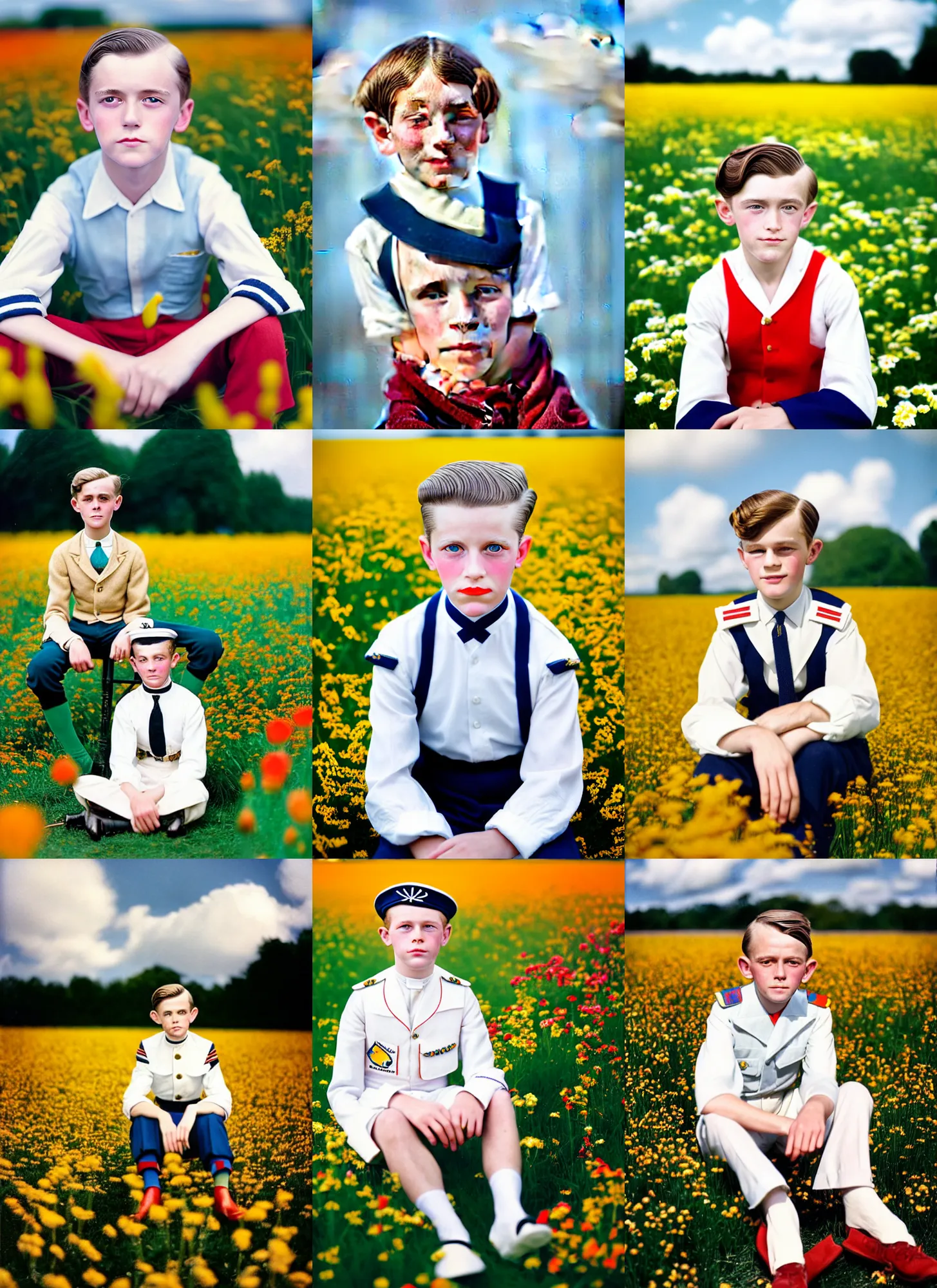 Prompt: kodak portra 4 0 0, 8 k, highly detailed, britt marling style, press award winning colour portrait of a cute handsome 8 year old sailor boy sitting in a colourful flowerfield, sun, clouds, up face with 1 9 2 0 s hairstyle, 1 9 2 0 s style, asymmetrical, hasselblad