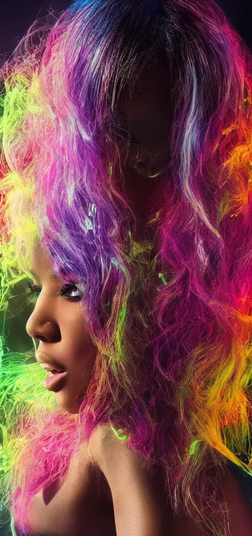 Image similar to nicki minaj, glowing hair, 8 k, cinematic light shadows, wet hdr refractions