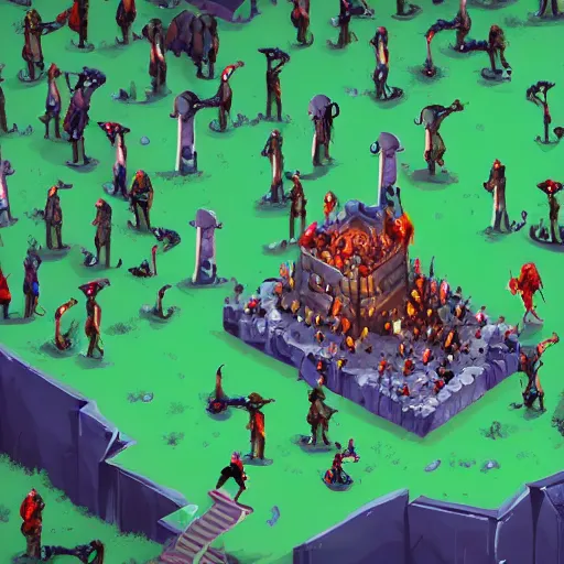 Image similar to Evil mage is standing on top of his tower, raising hands up high and leading his horde of zombies to outer lands. Isometric, high angle, big scale battle map. Highly detailed digital art, unreal engine.