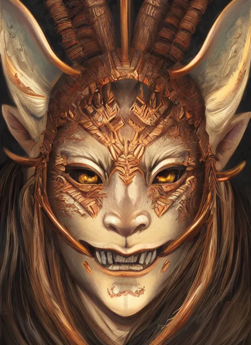 Image similar to a beautiful detailed oil on copper art illustration of a oni hannya mask shogun wolf woman, centered, by charlie bowater, zeng fanzh, trending on artstation, dim dusk lighting, cinematic lighting, detailed lighting, volumetric lighting, realistic, f 8, 4 k hd wallpaper