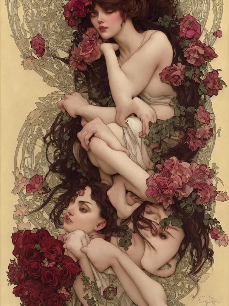 Prompt: portrait of a beautiful curvy symmetrical woman, sensuality, wrapped in flowers, art by Charlie Bowater, Alphonse Mucha, Tom Bagshaw