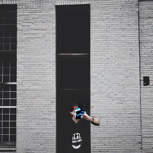 Prompt: “a silhouette of a college kid in an alleyway taking a selfie with thumbs up emojis on the wall”