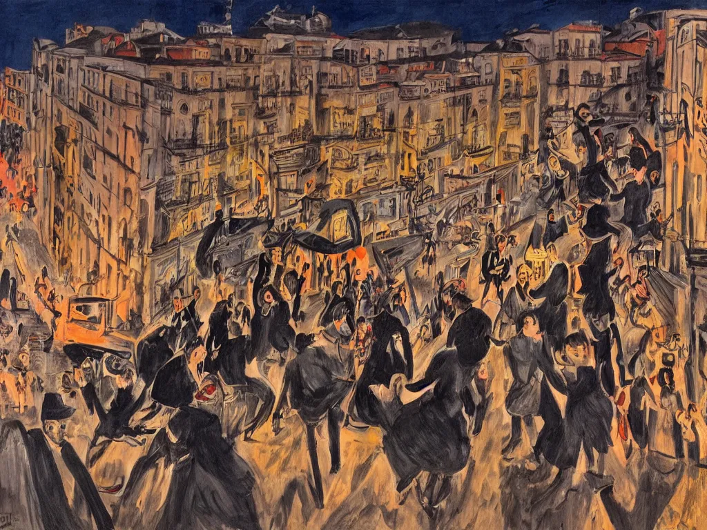 Image similar to nightlife in lisbon, feminist view, lisbon city at night, art in the style of paula rego