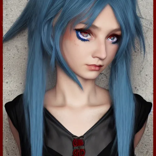 Prompt: portrait of young girl half dragon half human , dragon skin, dragon eyes, dragon crown, blue hair, long hair, highly detailed 3D render, 8k, rpg character, jrpg character, manga, anime,David Lynch