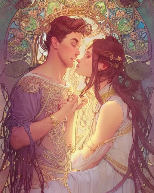 Prompt: secret romance | highly detailed | very intricate | art nouveau | gold filigree | romantic storybook fantasy | soft cinematic lighting | award - winning | disney concept art watercolor illustration by mandy jurgens and alphonse mucha and alena aenami | pastel color palette | featured on artstation