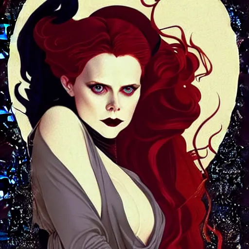 Prompt: Joshua Middleton art, art nouveau, pretty vampire Amy Adams, full entire slender body fun pose, sharp teeth, horror symmetrical face, symmetrical eyes, black Victorian dress, long curl red hair, outside in snow snowing