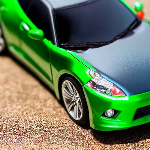 Image similar to a red haired woman driving a Jada toys mitsubishi eclipse green diecast car, high resolution macro photo