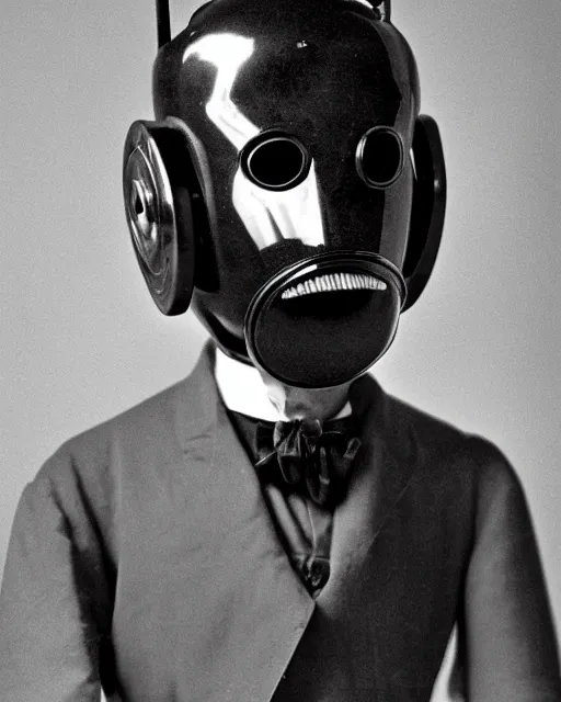 Image similar to retro photo portraits of a anthropomorphic-robot cyber-face techno mask in black tie suit by Louis Daguerre