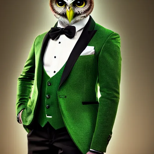 Prompt: a half owl half man creature wearing a green tuxedo suit,photorealiatic,hyperdetailed,hyperrealistic,studio lighting,studio photography,professional photography,professional lighting,detailed face,3 point lighting,4k,photorealistic,calm,anthropomorphic