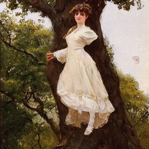 Image similar to young victorian lady climbing a tree, painted by alfred stevens