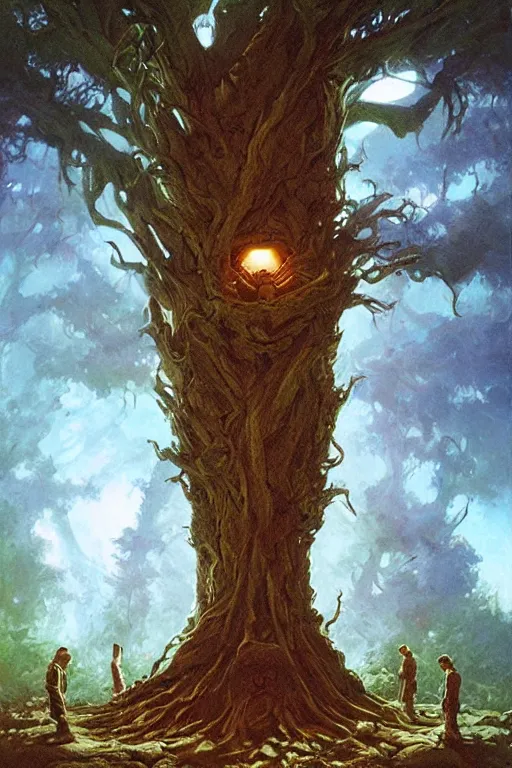 Image similar to a glowing portal to the underworld in a big old tree, concept art by michael whelan